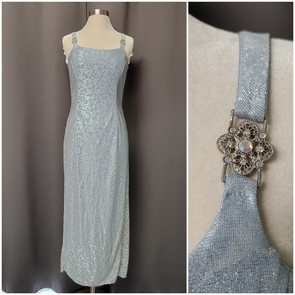 Vintage Jessica McClintock Gunne Sax Dress Blue Silver Metallic Brocade Maxi 7/8